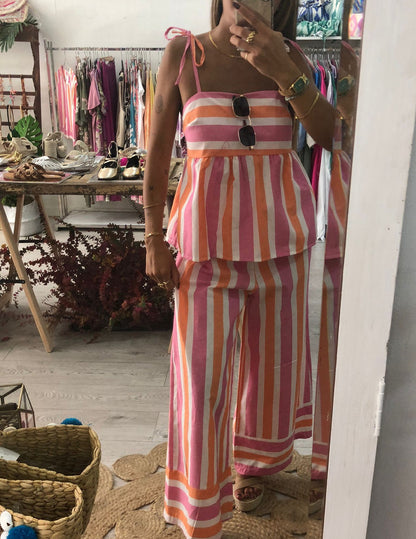 Conjunto riscas rosa/laranja/branco