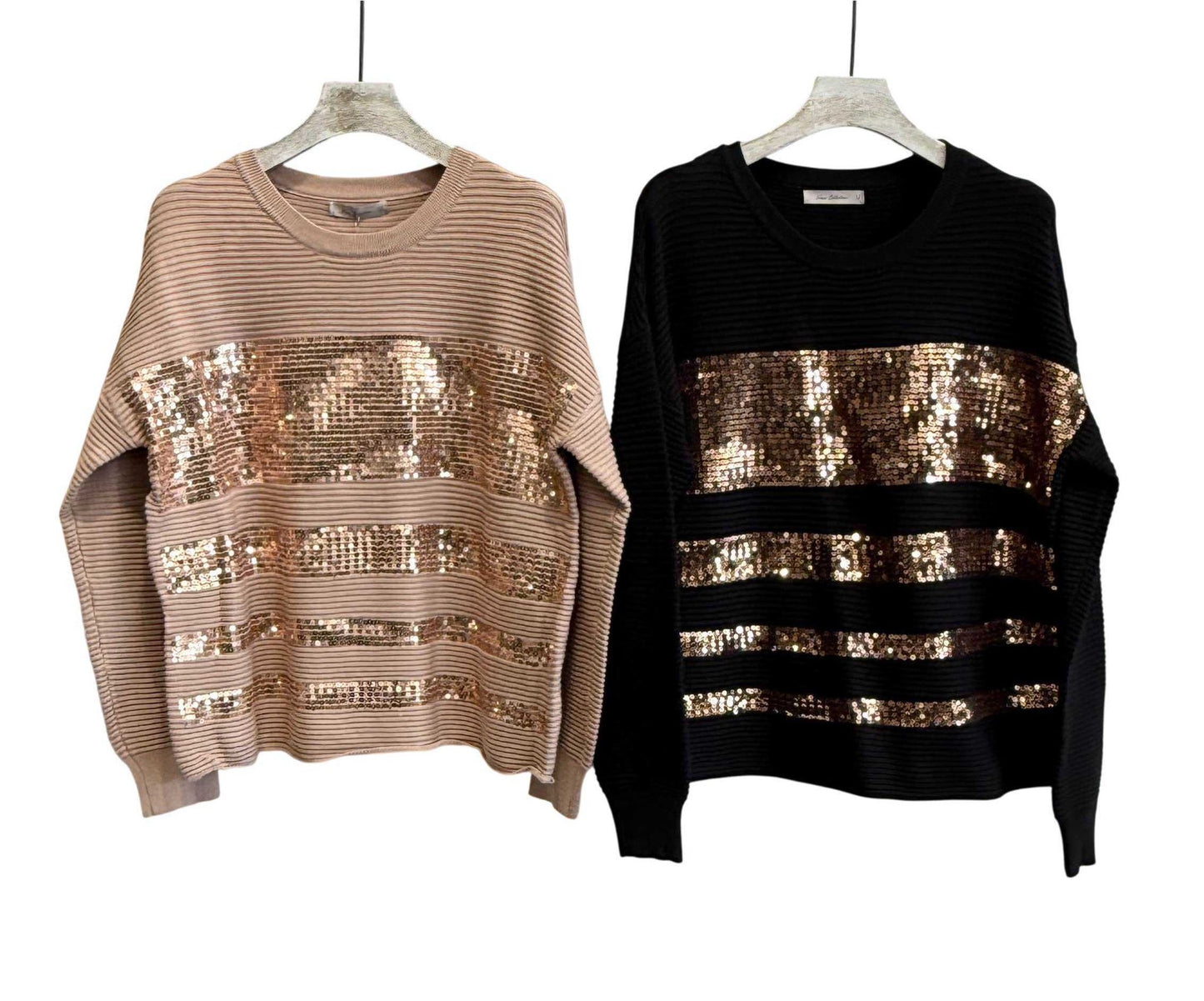 Camisola preta canelada com lantejoulas bronze às riscas