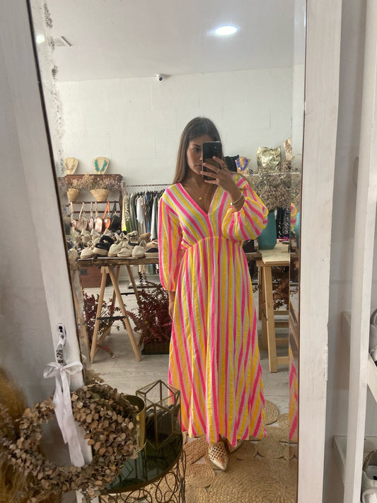 Vestido algodão riscas amarelo/rosa