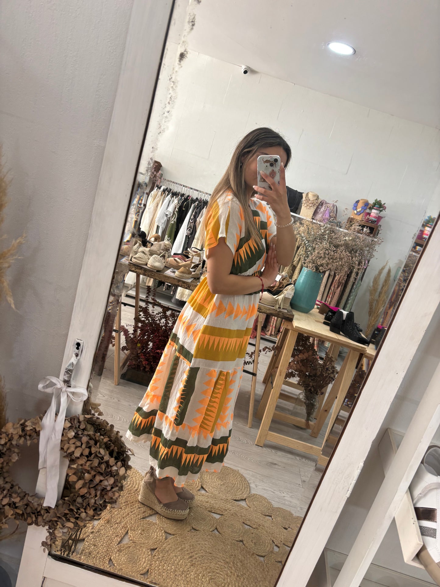 Vestido estampado geométrico rosa/laranja/verde