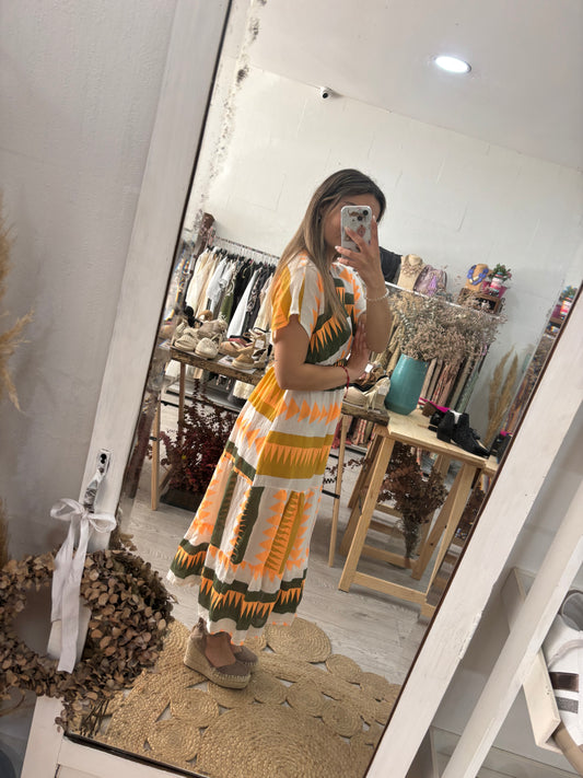 Vestido estampado geométrico caqui/laranja/mostarda