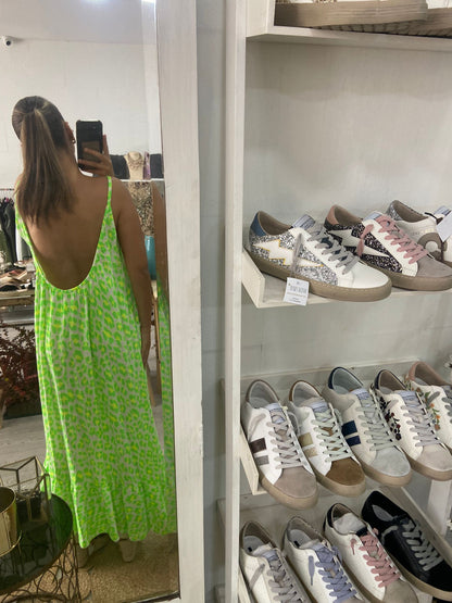Vestido animal print amarelo/ verde costas abertas