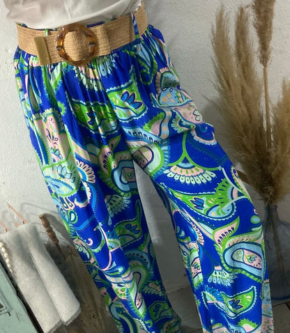 Pantalonas azulão estampado paisley colorido com cinto