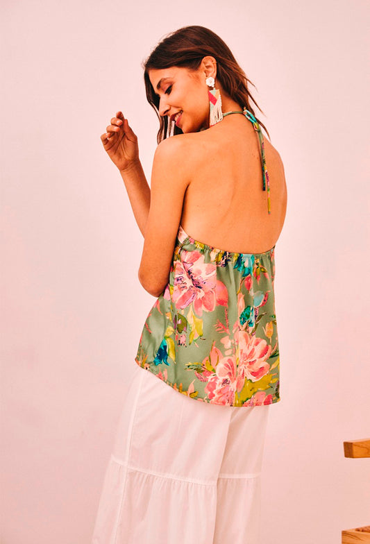 Top acetinado estampado floral  com costas abertas NI.Lunia