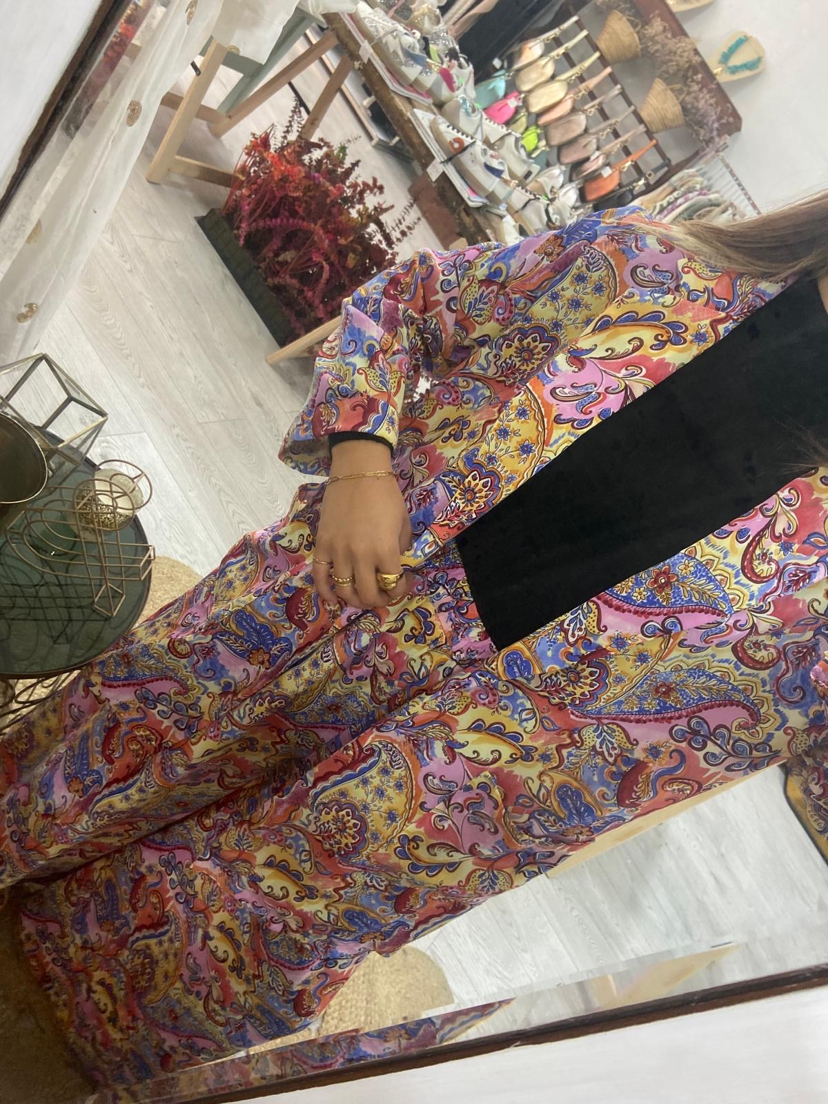 Conjunto Kimono e calças estampado étnico laranja/turquesa