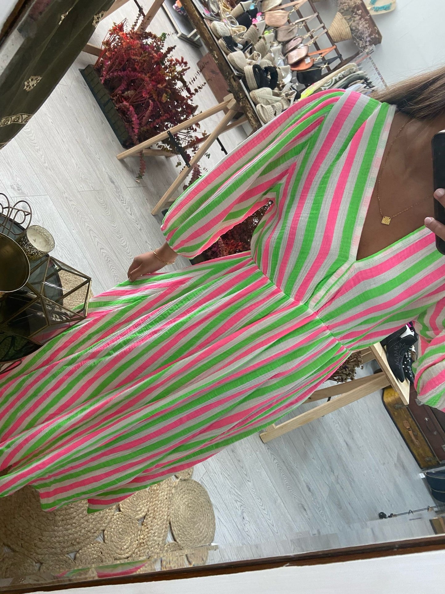 Vestido algodão riscas verde/rosa