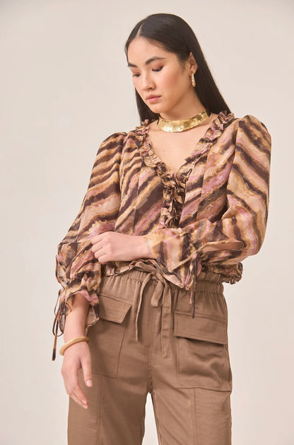 Blusa estampada verde e rosa com folho HJ.Titania