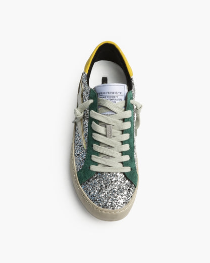 Sapatilhas glitter prata com raio e pormenores verde e amarelo