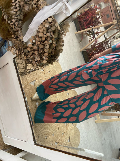 Conjunto estampado esmeralda /rosa nó na cintura