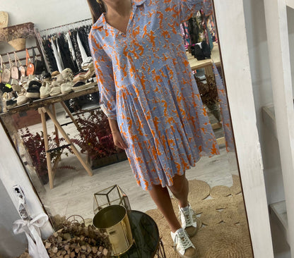 Vestido estampado flores azul/laranja
