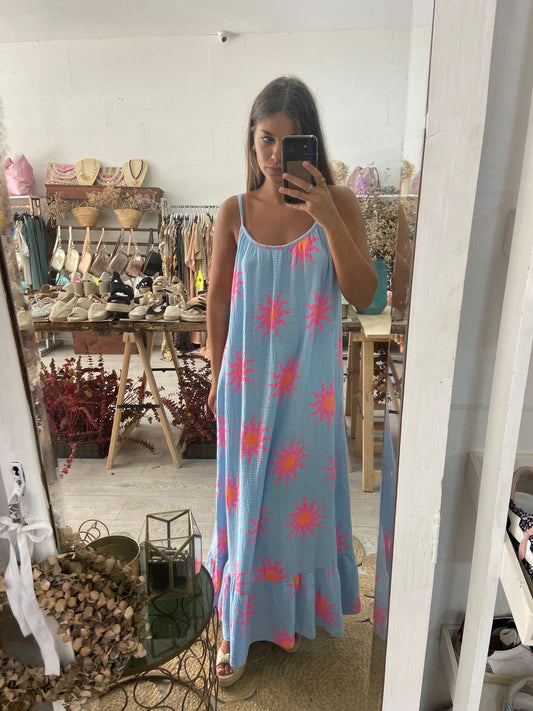 Vestido azul com sol rosa/laranja