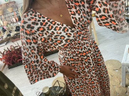 Vestido algodão rosa animal print lilás/amarelo