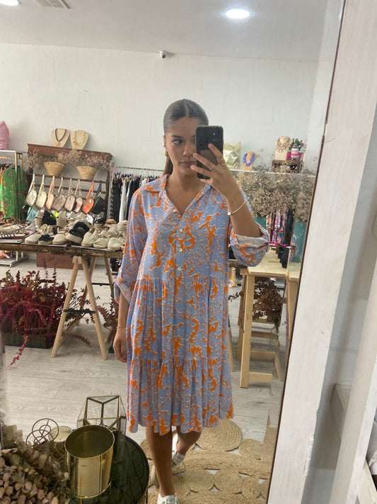 Vestido estampado flores azul/laranja