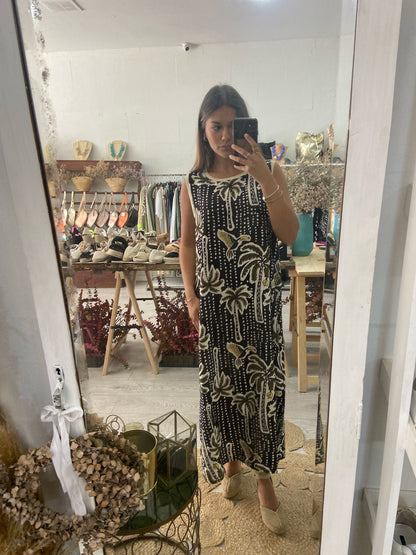 Vestido mostarda estampado tropical