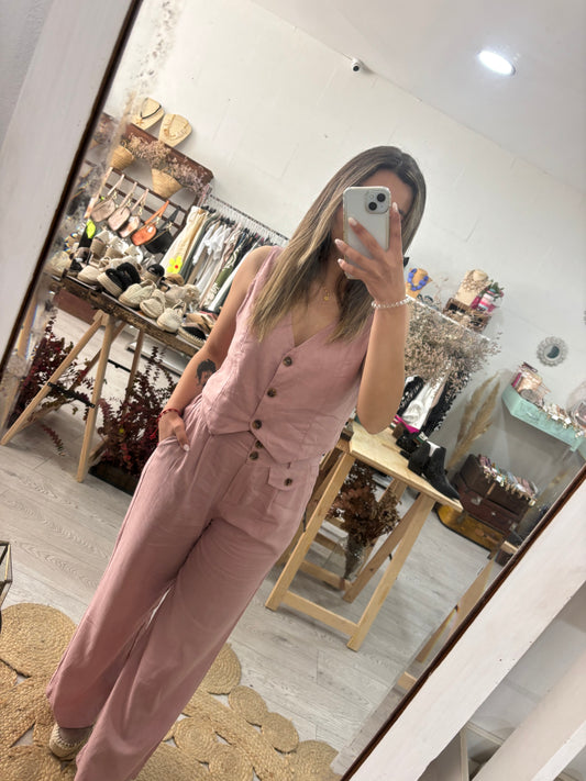 Conjunto Colete e calças rosa em linho