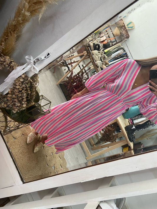 Vestido algodão riscas lilás/rosa