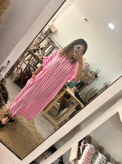 Vestido/Kaftan riscas verde/rosa