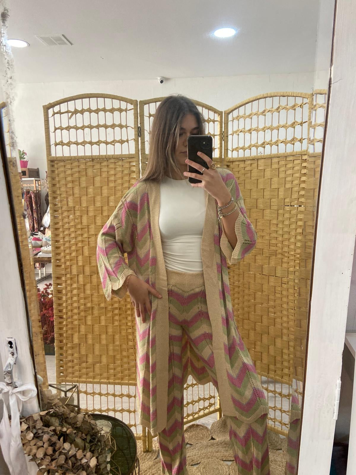 Kimono beige en zigzag tricolor de lúrex TS.Bangalore