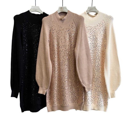 Vestido Camisolão camel com  lantejoulas frontais