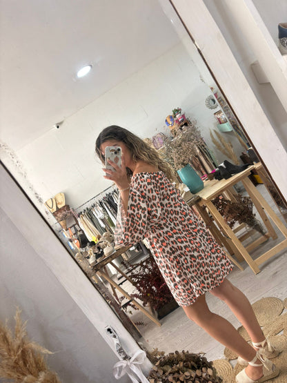 Vestido animal print caqui/laranja ombros elásticos