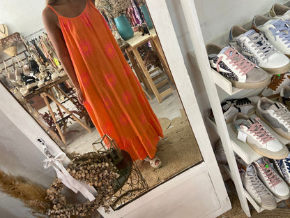 Vestido bege com sol rosa/laranja
