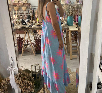 Vestido bege com sol rosa/laranja