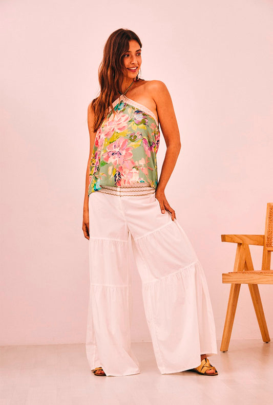 Top acetinado estampado floral  com costas abertas NI.Lunia