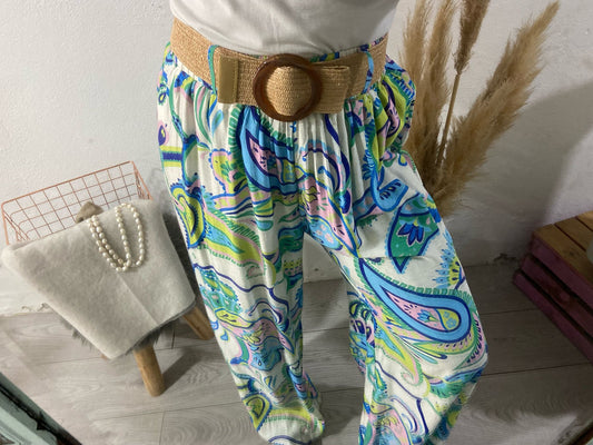 Pantalonas cru estampado paisley colorido com cinto