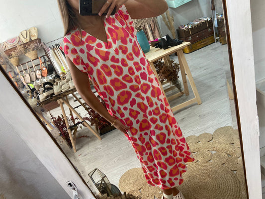 Vestido animal print laranja/rosa