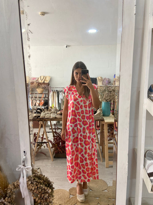 Vestido animal print laranja/rosa