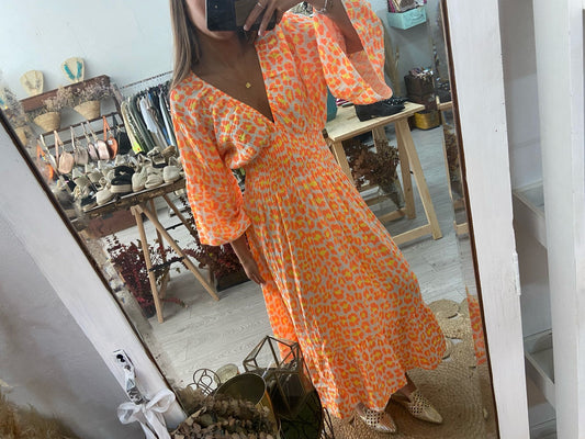 Vestido algodão animal print laranja/amarelo