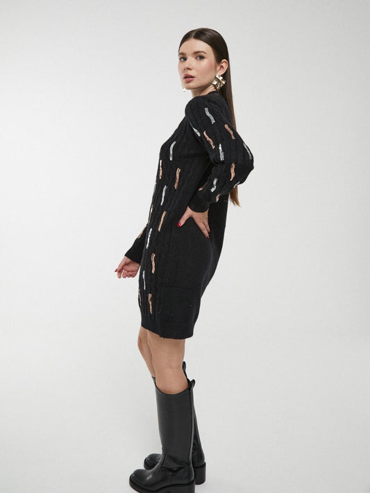 Vestido Camisolão preto com lantejoulas bronze e prata