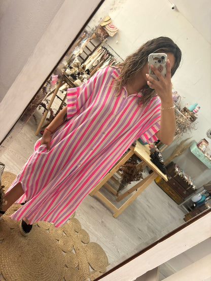 Vestido/Kaftan riscas verde/rosa