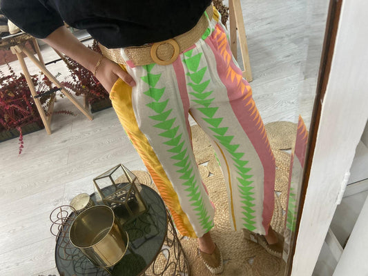 Calças estampado geométrico rosa/laranja/verde