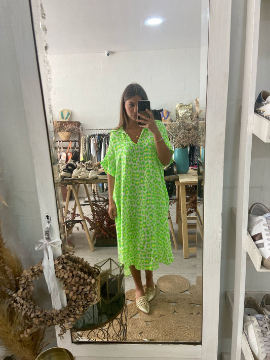 Vestido/kaftan animal print verde/amarelo néon