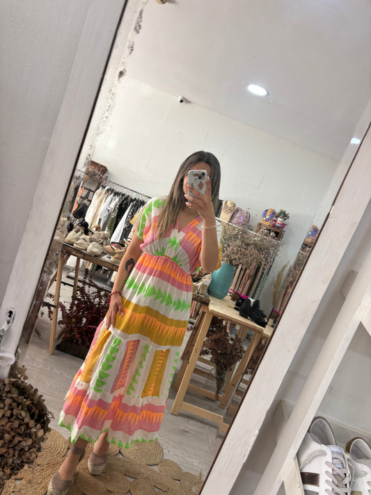 Vestido estampado geométrico rosa/laranja/verde