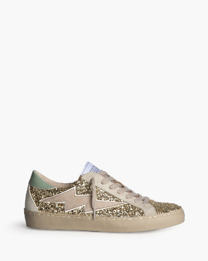 Sapatilhas Glitter dourado com raio Beje e verde atrás