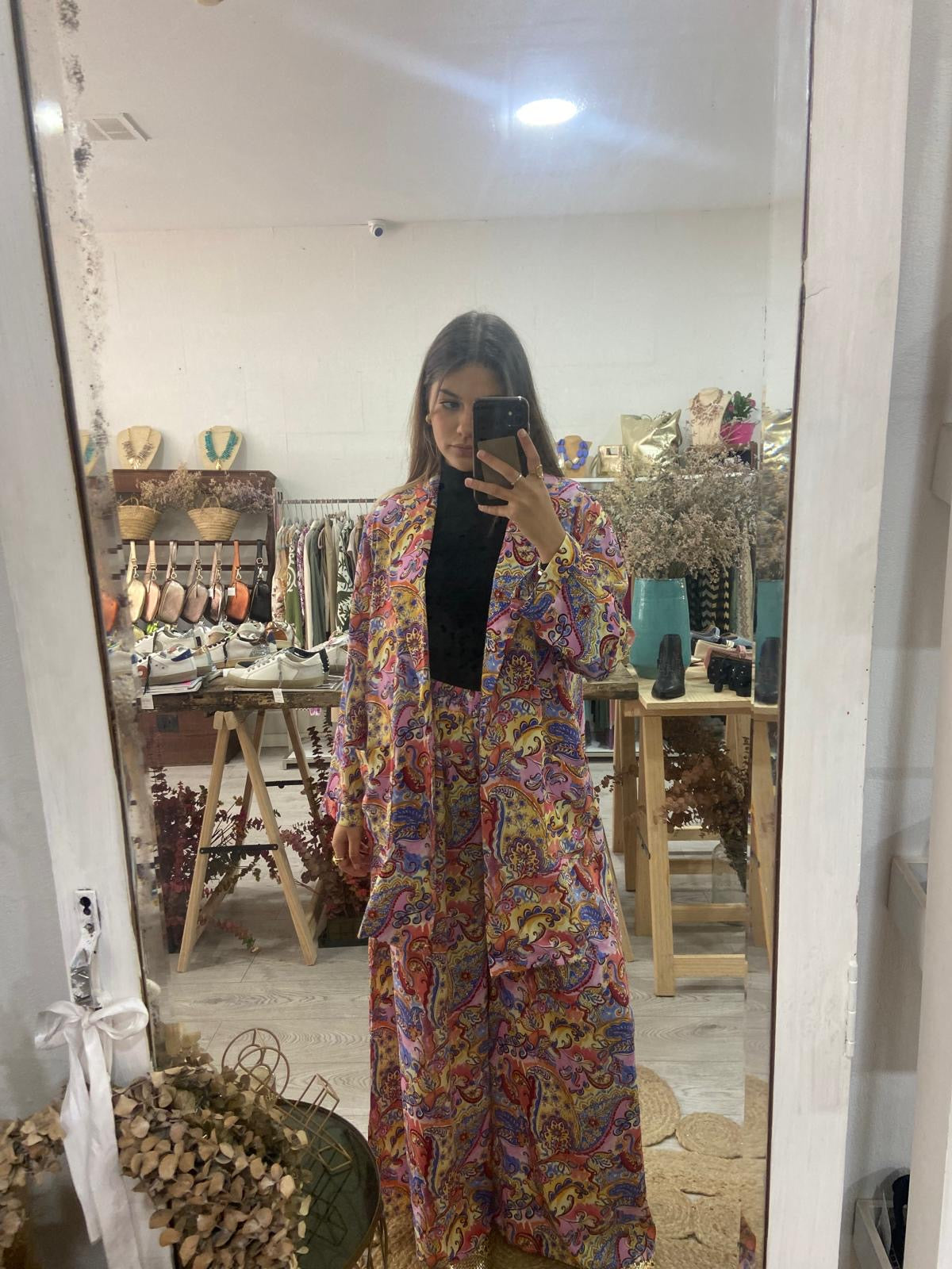 Conjunto Kimono e calças estampado étnico laranja/turquesa