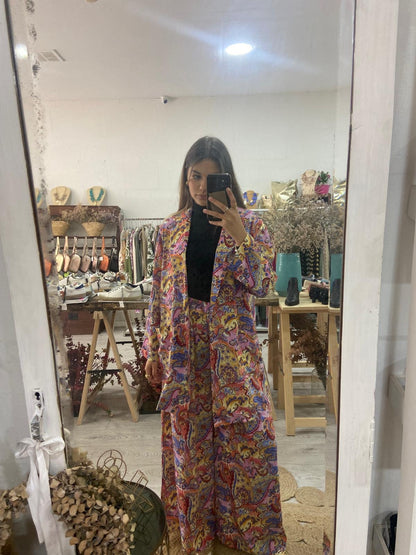 Conjunto Kimono e calças estampado étnico laranja/turquesa