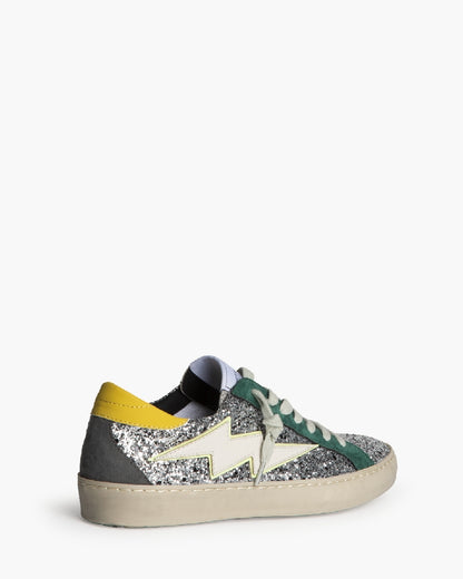 Sapatilhas glitter prata com raio e pormenores verde e amarelo