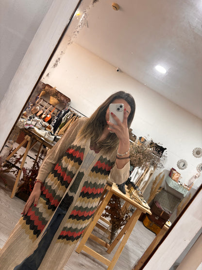 Kimono midi preto ziz zag tricolor lurex