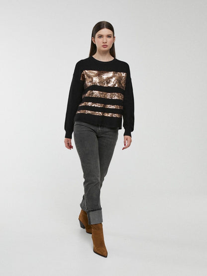 Camisola preta canelada com lantejoulas bronze às riscas