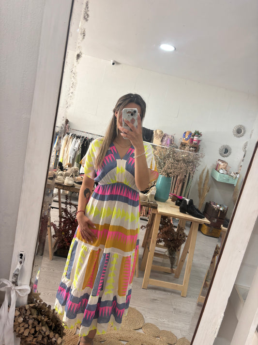 Vestido estampado geométrico azul/rosa/amarelo