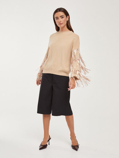 Camisola bege franjas brilhantes