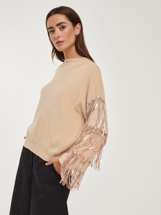 Camisola bege franjas brilhantes