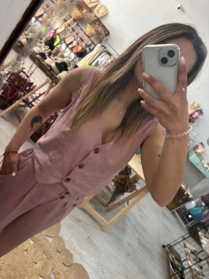 Conjunto Colete e calças rosa em linho