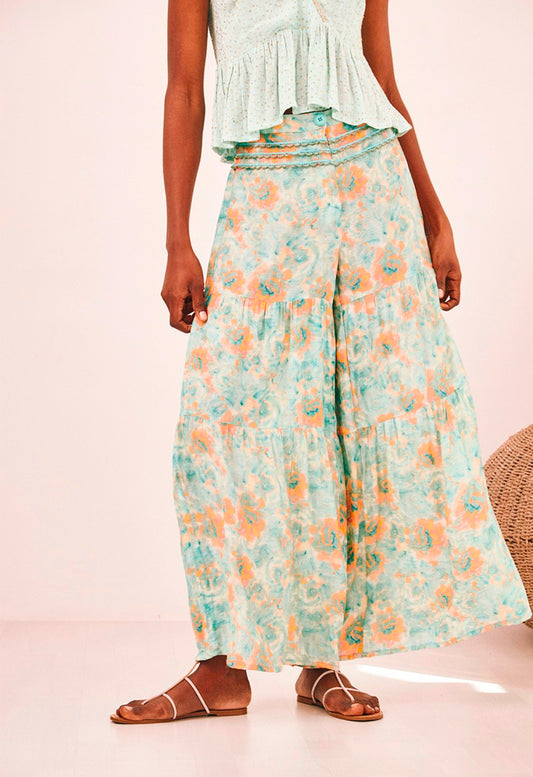 Pantalonas manchado turquesa e laranja e bordados na cintura  NI.Lotha