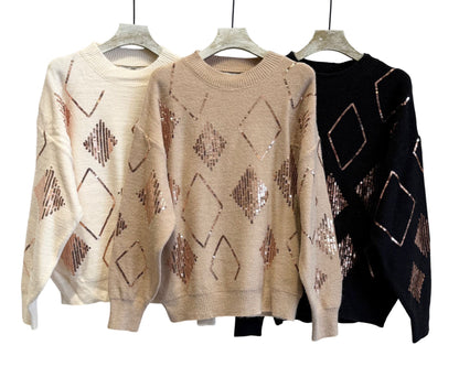 Camisola preta com losangos em lantejoulas