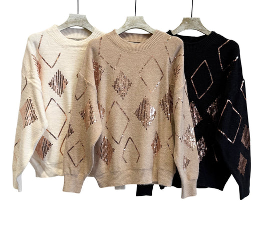 Camisola bege com losangos em lantejoulas