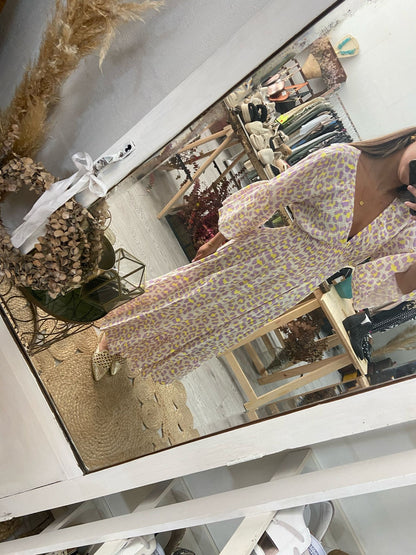Vestido algodão rosa animal print lilás/amarelo